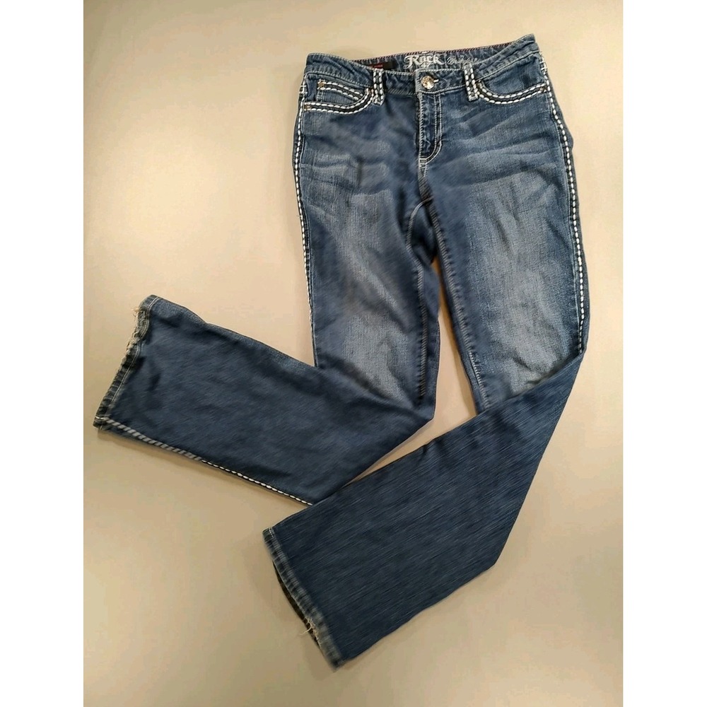 Wrangler Rack 47 Womens Low Rise Slim Bootcut Jeans Blue Rhinestone 30x35